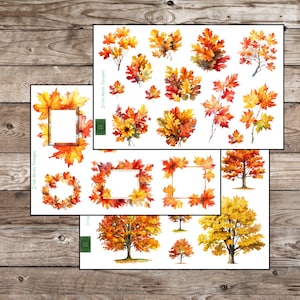 May include: Watercolor illustrations of autumn leaves and trees in shades of red, orange, and yellow. The images include individual leaves, leaf clusters, wreaths, and frames. The text "Irish Acres Designs" is visible on some images.