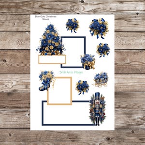 May include: Blue and gold Christmas themed printable stickers featuring a Christmas tree, ornaments, a nutcracker, and a sleigh. The text "Blue Gold Christmas Boxes" and "Irish Acres Designs" are included.