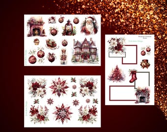 May include: Three sheets of digital paper featuring a burgundy Christmas theme. The first sheet includes a house, Santa, a nutcracker, a lantern, a fireplace, and ornaments. The second sheet includes a variety of poinsettia and floral arrangements. The third sheet includes a fireplace, a boot, a Christmas tree, and ornaments.
