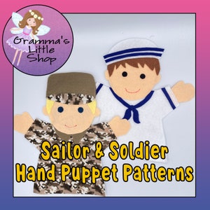 Puede incluir: Dos marionetas de mano de fieltro, un marinero y un soldado, con el texto "Sailor & Soldier Hand Puppet Patterns".