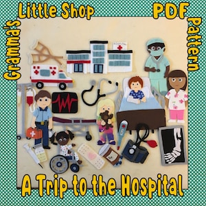 Puede incluir: Un conjunto de juego de fieltro para niños, con temática de hospital. El conjunto incluye un edificio de hospital, una ambulancia, un médico, una enfermera, un paciente en una cama, una silla de ruedas, un estetoscopio, un termómetro, una venda y una radiografía. El conjunto es perfecto para el juego imaginativo y el aprendizaje sobre los hospitales.