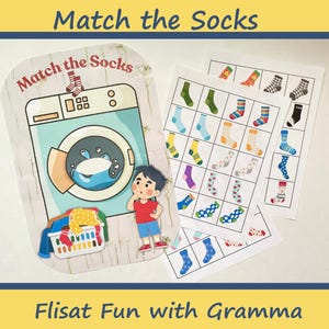 Puede incluir: Un juego colorido para niños llamado "Match the Socks" con una lavadora de dibujos animados, una cesta de calcetines y un personaje de niño. El juego incluye varias tarjetas con diferentes pares de calcetines para hacer coincidir.