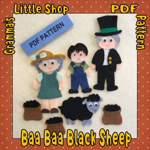 Pode incluir: Padrão de artesanato de feltro para uma história de quadro de feltro sobre a canção infantil "Baa Baa Black Sheep". O padrão inclui uma ovelha negra, um fazendeiro, uma fazendeira e três sacos de lã.