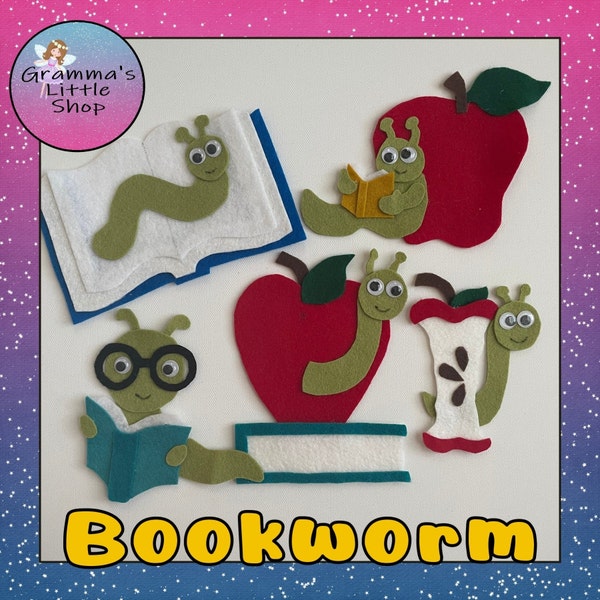 Bookworm Felt Board Pattern, Wiggly Worm, Book and Apple Patterns.  DIY Downloadable Pattern Only