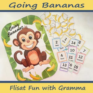 May include: A colorful game board with a cartoon monkey and bananas. The game board is labeled "Going Bananas". There are 15 number cards with numbers 1 through 15. The cards are labeled with the number and the word for the number.