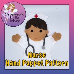Op de afbeelding: Een vilt handpop patroon voor een verpleegster. De verpleegster draagt een wit uniform met een rood kruis op haar hoed en een stethoscoop om haar nek. Het patroon is getiteld "Nurse Hand Puppet Pattern".