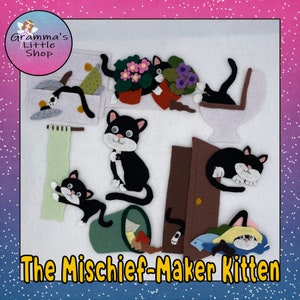 Mischief-Maker Kitten Felt Board Verhaalpatroon, dagen van de week (pdf-patroon)