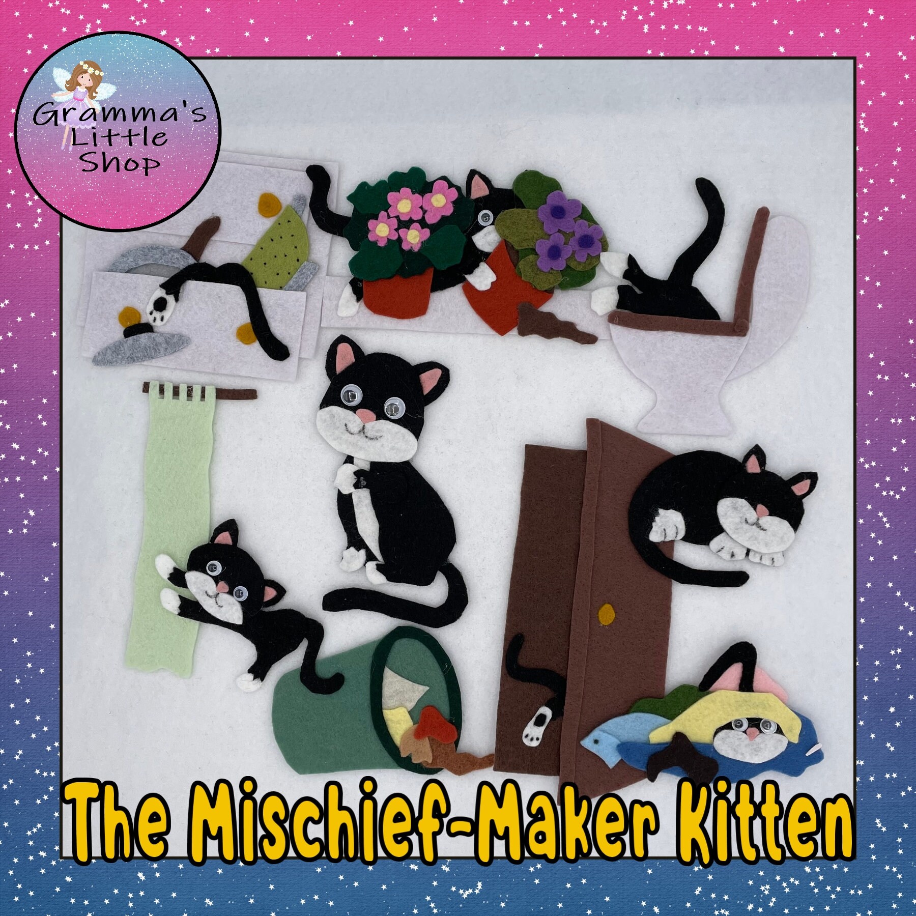 Mischief-Maker Kitten Felt Story Pattern,  Days of the Week Felt Pattern -  PATTERN ONLY