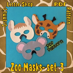 Llama, Koala, and Giraffe Masks Patterns for Pretend Play, Zoo Animals Set 3, Easy to Make Pattern - PDF PATTERN ONLY