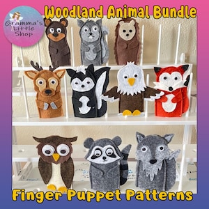 Könnte beinhalten: Ein Set mit 10 Filz-Fingerpuppenmustern mit Waldtieren, darunter ein Reh, eine Eule, ein Waschbär, ein Wolf, ein Fuchs, ein Adler, ein Stinktier, ein Igel, ein Eichhörnchen und ein Bär. Die Muster sind auf einem weißen Regal ausgestellt. Der Text "Woodland Animal Bundle" und "Finger Puppet Patterns" ist auf dem Bild zu sehen.