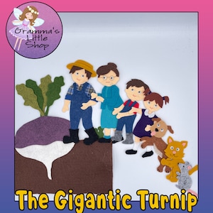 Op de afbeelding: Viltfiguren voor het kinderboek "De Reuze Raap". De personages omvatten een boer, een vrouw, een jongen, een meisje, een hond, een kat en een muis. De personages staan allemaal in een rij, met de boer vooraan en de muis achteraan. De personages lachen allemaal en zien er gelukkig uit. De personages uit het prentenboek zijn allemaal van vilt en hebben een handgestikte uitstraling. De achtergrond is lichtblauw.