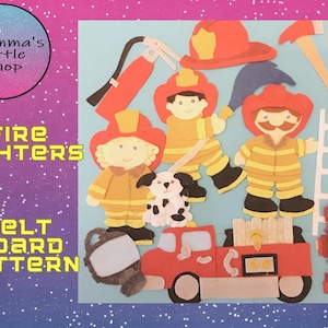 May include: Felt board pattern for a fire fighter theme. The pattern includes three fire fighters, a fire engine, a ladder, a fire hydrant, an axe, a dog, and a fire hose.
