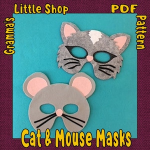 May include: A PDF pattern for making felt cat and mouse masks. The masks are grey with black details and pink ears. The pattern is available for download from Gramma's Little Shop.