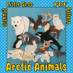 Puede incluir: Un conjunto de patrones de animales árticos de fieltro para manualidades. Los patrones incluyen un oso polar, una morsa, un frailecillo, una liebre ártica, una orca, un reno, un búho, una foca, un narval, una nutria y un zorro ártico. Los patrones están disponibles para descargar en PDF. "Little Shop Gramma's PDF pattern"