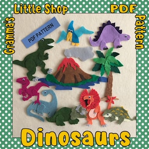 Peut inclure: Un ensemble de découpes de dinosaures en feutre, comprenant un T-Rex vert, un stégosaure violet, un ptérodactyle bleu, un dilophosaure rouge, un brachiosaure bleu, un vélociraptor rose, un tricératops vert, un volcan brun, un palmier vert et un lac bleu. Le texte "PDF PATTERN" est sur une étiquette bleue. Le texte "Little Shop Grandma's" est sur le côté gauche de l'image et le texte "PDF pattern" est sur le côté droit de l'image.