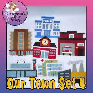 Puede incluir: Conjunto de juego de fieltro de edificios para niños, que incluye una estación de policía, una estación de bomberos, un hospital, una escuela, un hotel, un aeropuerto y una fábrica. El conjunto se titula "Our Town Set 4".