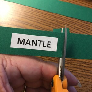 Op de afbeelding: Een persoon snijdt een groene strook papier met een oranje handvat schaar. Het papier heeft het woord "MANTLE" in het zwart gedrukt.