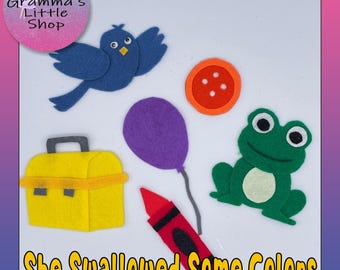 Peut inclure: Pièces artisanales en feutre pour un livre pour enfants ou une activité éducative. Les pièces comprennent un oiseau bleu, un ballon violet, un crayon rouge, une boîte à outils jaune, une grenouille verte et un cercle orange avec quatre points blancs.
