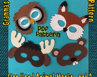 Owl, Fox, Moose, and Beaver Easy to Make Masks Patterns for Pretend Play, Woodland Animals Set 2 - PDF PATTERN ONLY