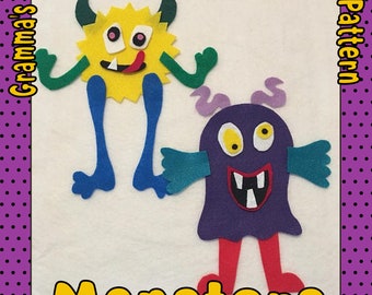 Könnte beinhalten: Zwei Filzmonster-Vorlagen zum Basteln. Das gelbe Monster hat ein breites Lächeln und die Zunge herausgestreckt. Das lila Monster hat ein breites Grinsen und große Augen. Der Text "Little Shop" und "PDF pattern" ist auf dem Bild.