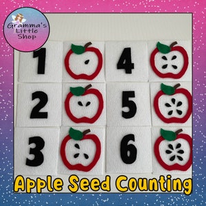May include: A set of felt squares with numbers 1 to 6 and red apple cutouts with black seeds. The apple cutouts have a different number of seeds corresponding to the number on the square. The text "Apple Seed Counting" is at the bottom of the image.