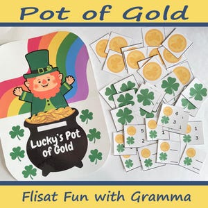 Könnte beinhalten: Ein grüner Kobold, der einen Topf mit Gold hält, mit einem Regenbogen im Hintergrund. Der Topf mit Gold sagt "Lucky's Pot of Gold". Es gibt auch Goldmünzen und Kleeblätter, die um das Bild herum verstreut sind.