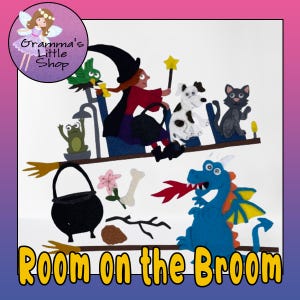 Può includere: Set di personaggi in feltro per il libro per bambini "Room on the Broom". Il set comprende una strega, un gatto, un cane, una rana, un drago, una scopa, un calderone, un osso, un fiore e un ramoscello.
