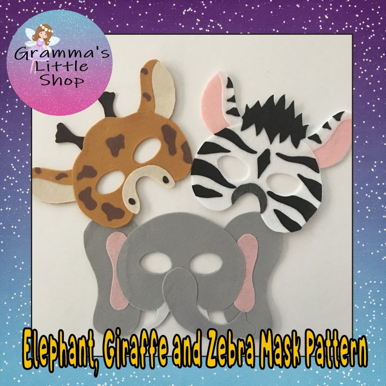 Elephant mask, Giraffe Mask, Zebra Face Mask, Mask Pattern PDF, Pretend Play, Easy DIY pattern PDF Pattern Only image 1