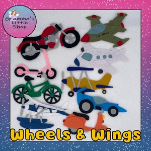 May include: Felt craft set of vehicles with wheels and wings. Includes a motorcycle, bicycle, scooter, airplane, and helicopter.  The set is perfect for imaginative play and learning about different types of transportation.