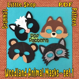 Bear, Wolf,  Skunk and Chipmunk Masks Patterns, Woodland Animals Mask Pattern, Set 1  - PDF PATTERN ONLY