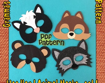 Bear, Wolf,  Skunk and Chipmunk Masks Patterns, Woodland Animals Mask Pattern, Set 1  - PDF PATTERN ONLY