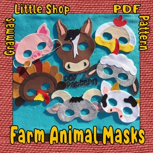 Puede incluir: Un conjunto de máscaras de animales de granja de fieltro, que incluyen un cerdo, un caballo, un pollo, una oveja, una cabra y una vaca. Las máscaras son coloridas y tienen caras simples y amigables. El texto "PDF pattern" es visible en la imagen.