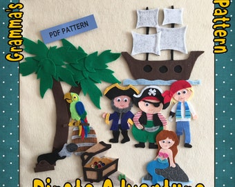 Pirate Adventure Felt Pattern to Use on a Felt Board includes Pirate Ship, Mermaid, 3 Pirates and a  Parrot, PDF PATTERN ONLY