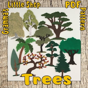 Può includere: Un set di 10 modelli di alberi in feltro per l'artigianato. I modelli includono una varietà di alberi, tra cui una palma, una betulla, un pino e un salice piangente. I modelli sono disponibili per il download in PDF.
