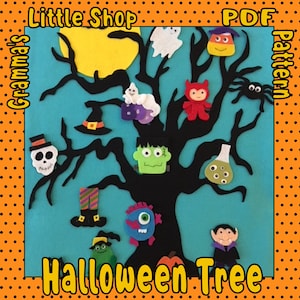 May include: A felt Halloween tree with a black silhouette and a blue background. The tree is decorated with felt Halloween characters, including a ghost, a witch's hat, a skeleton, a Frankenstein, a vampire, a candy corn, a spider, a devil, a monster, a witch, and a potion bottle. The text "Halloween Tree" is written at the bottom of the image.