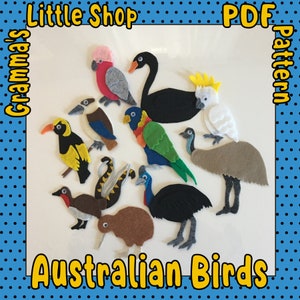 May include: Felt patterns for 10 Australian birds, including a kookaburra, cassowary, emu, and cockatoo. The patterns are available as a PDF download from Gramma's Little Shop.