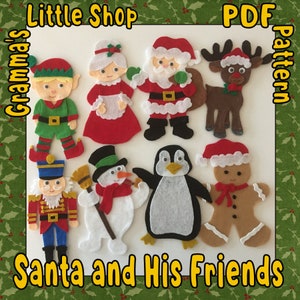 Puede incluir: Patrones de fieltro para hacer un conjunto de personajes navideños, incluyendo Santa Claus, un elfo, un pingüino, un muñeco de nieve, un hombre de jengibre, un reno y la señora Claus. Los patrones se titulan "Santa and His Friends" y "Grandma's Little Shop PDF Pattern".