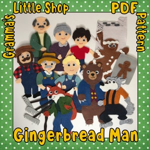 Puede incluir: Conjunto de personajes de fieltro para una historia en un tablero de fieltro. El conjunto incluye un hombre de jengibre, un lobo, un zorro, un oso, un granjero, una mujer, un niño y una niña. El conjunto también incluye una casa de jengibre y una galleta de jengibre.