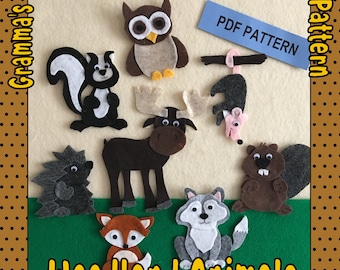 Woodland Animals,  Forest Animals Felt Board Pattern, Moose, Beaver, Skunk, Fox,Wolf, Owl, Opossum, and Porcupine -   PDF PATTERN ONLY
