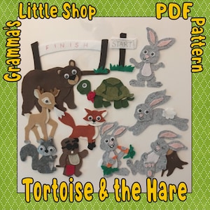 May include: Felt craft pattern for a felt story set of the Tortoise and the Hare. The pattern includes a brown bear, a deer, a fox, a turtle, a squirrel, a beaver, and three hares. The pattern also includes a finish line and a start line.