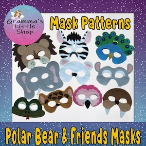 Könnte beinhalten: Ein Set mit 10 Tiermaskenmustern, darunter ein Löwe, ein Zebra, ein Pfau, ein Elefant, ein Eisbär, ein Gepard, ein Flamingo, ein Walross, ein Frosch und ein Titel, der "Mask Patterns Polar Bear & Friends Masks" lautet.