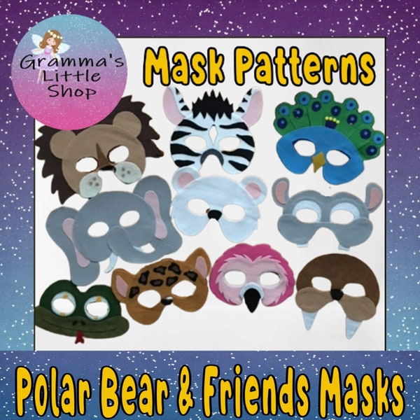Polar Bear and Friends Animal Mask Patterns For Kids Pretend Play  - PDF PATTERN ONLY