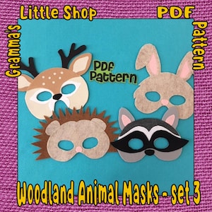 Könnte beinhalten: Ein Set aus vier Filz-Waldtiermasken, darunter ein Reh, ein Kaninchen, ein Igel und ein Waschbär. Die Masken sind braun, grau und schwarz mit weißen Akzenten. Die Masken sind mit "PDF-Muster" und "Waldtiermasken - Set 3" beschriftet.