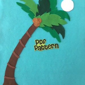 May include: A felt craft pattern for a palm tree with brown trunk, green leaves, and brown coconuts. The pattern is labeled "PDF Pattern" in yellow with black text.
