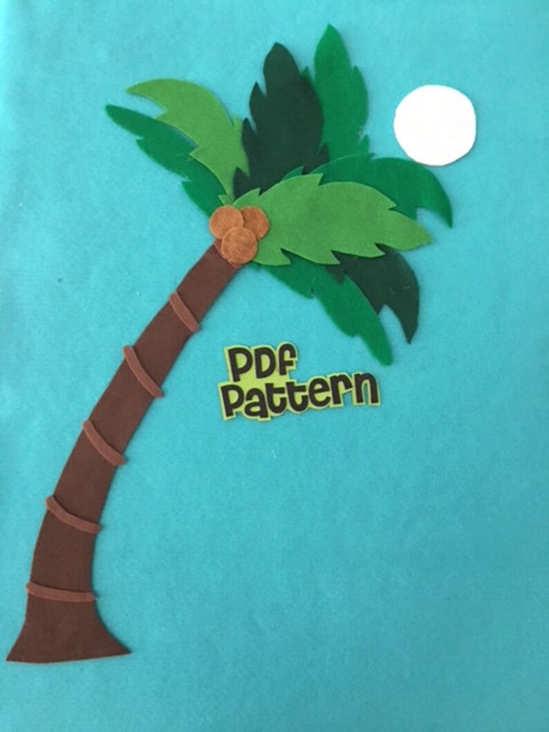 May include: A felt craft pattern for a palm tree with brown trunk, green leaves, and brown coconuts. The pattern is labeled "PDF Pattern" in yellow with black text.