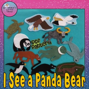 May include: A felt craft kit with a blue background and various felt animal shapes, including a panda, a turtle, a bird, a buffalo, a seal, a fox, a penguin, a panther, and a monkey. The text "I See a Panda Bear" is written in yellow letters on a yellow background.