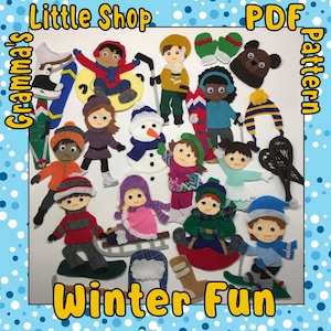 May include: A set of felt patterns for making winter-themed characters and objects. The patterns include a snowman, children playing in the snow, and winter accessories such as skis, snowshoes, and sleds. The patterns are labelled "Grandma's Little Shop PDF Pattern Winter Fun".