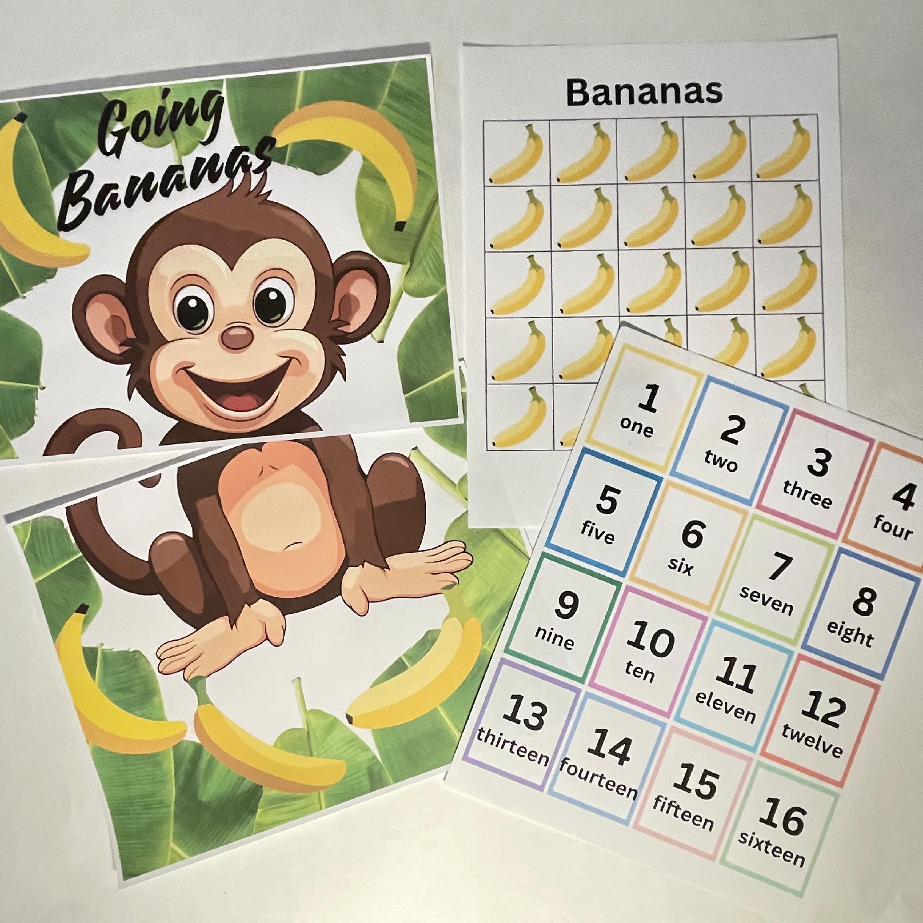 ばななざるページ バナナを数えるサル、フリサット挿入、幼児向け算数（PDFパターン