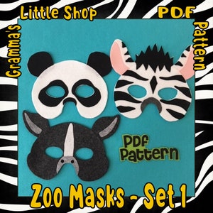 Könnte beinhalten: Drei Filztiermasken für Kinder: ein Panda, ein Zebra und ein schwarz-weißer Hund. Die Masken befinden sich auf einem blauen Hintergrund mit dem Text "Zoo Masks - Set 1" und "PDF pattern" in Gelb.