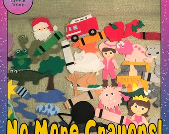 Peut inclure: Un ensemble de jeu en feutre avec divers personnages et objets, dont un camion de pompiers, un chat, une grenouille, un arbre, un monstre, une princesse, une boîte de crayons et le texte "No More Crayons!"